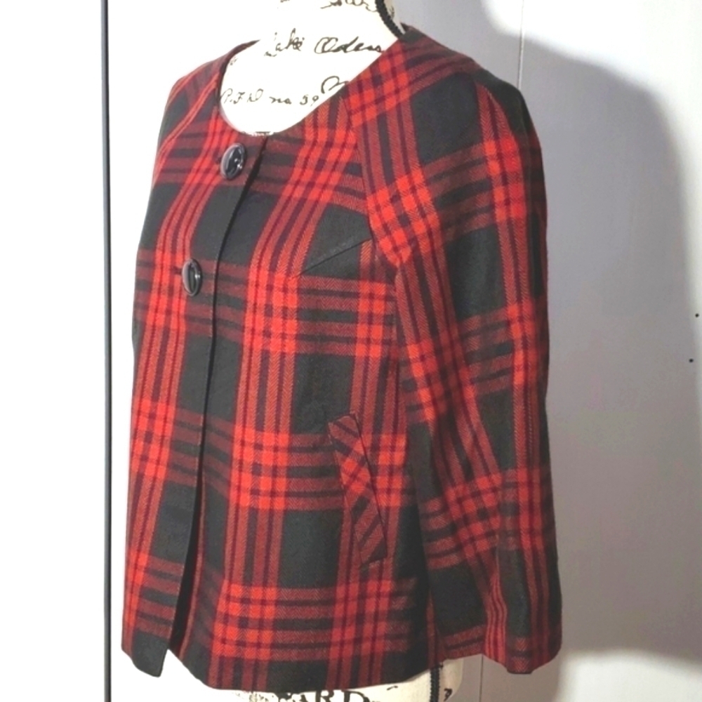 Larry Levine|Red Black Plaid Sport Coat Bolero Mod Office Career Wear Sz.8